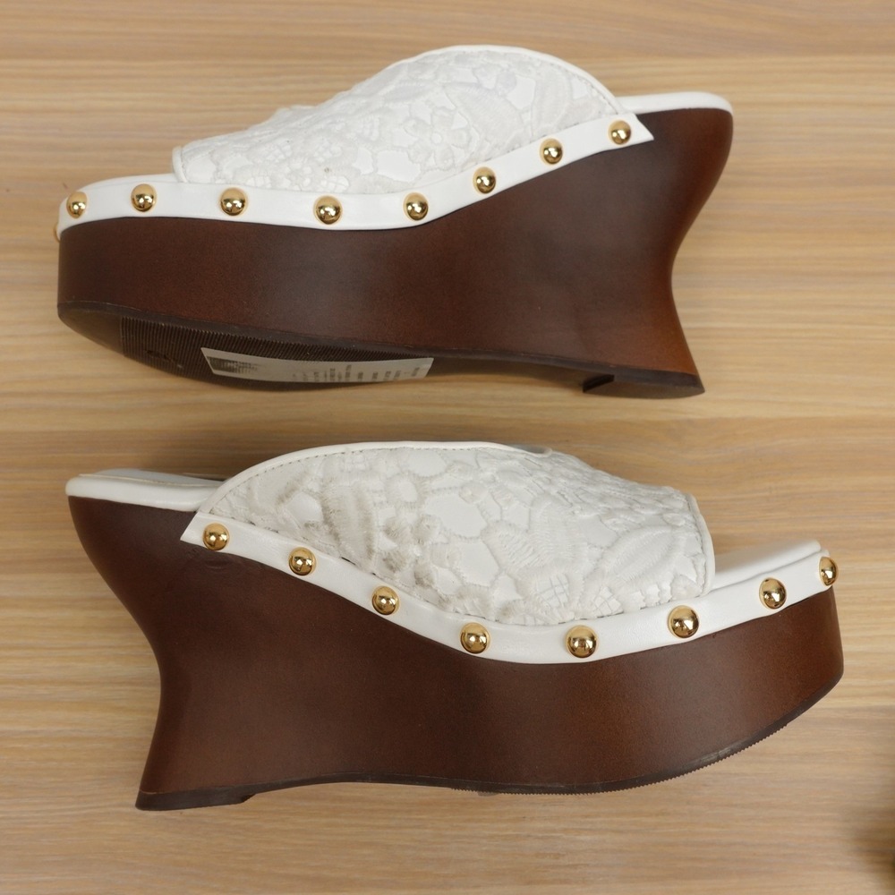 Y2K Boho Wedge Mule Sandals Womens 6 White Lace Studded Wood Clogs DV Dolce Vita